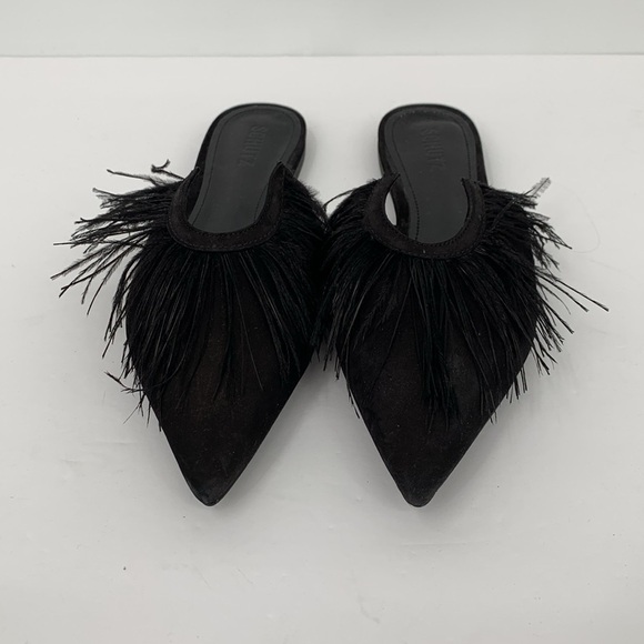 Schutz Chayla slide mule black feather trim horseshoe shoe elegant 9.5 - Picture 2 of 6